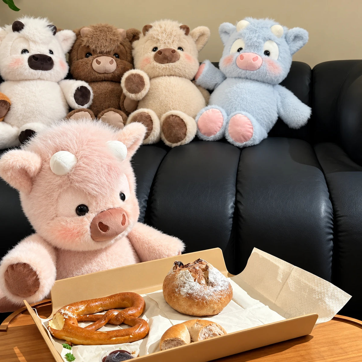 MooMellow Highland cow plushies together on a sofa